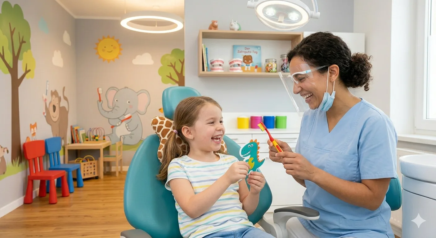 Kind lacht w&auml;hrend der Behandlung in einer kindgerecht eingerichteten Zahnarztpraxis